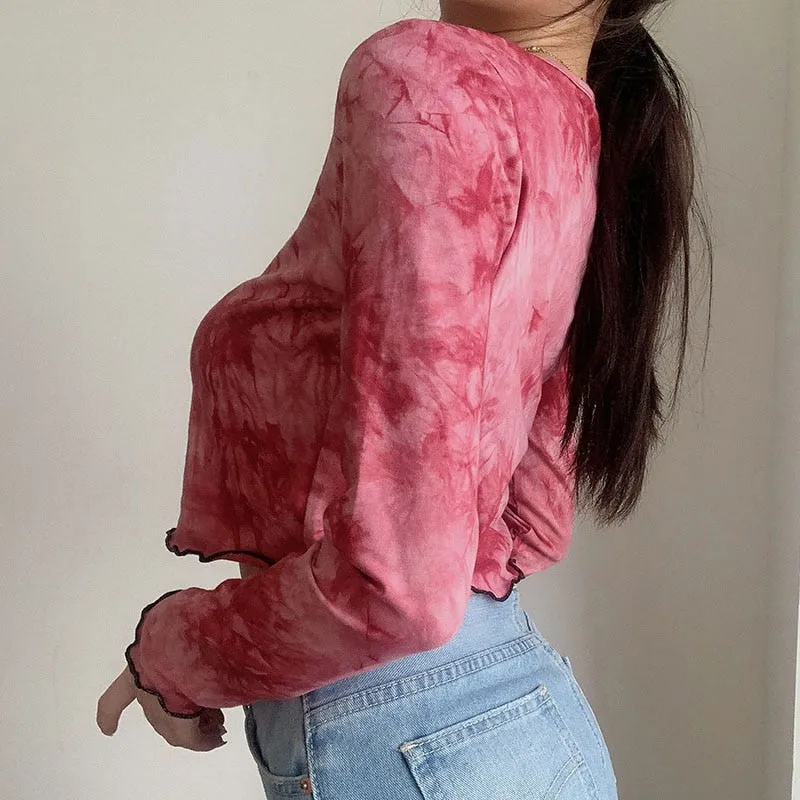 Autumn Tie Dye Print Cropped Shirt Butterfly Embroidery Crop Top Long Sleeve