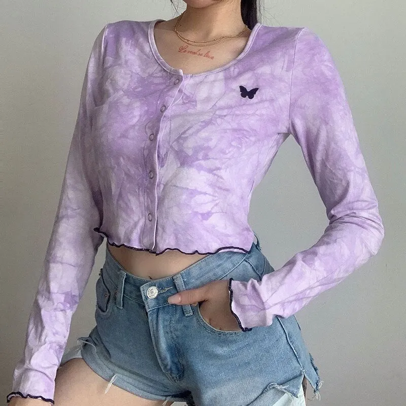 Autumn Tie Dye Print Cropped Shirt Butterfly Embroidery Crop Top Long Sleeve