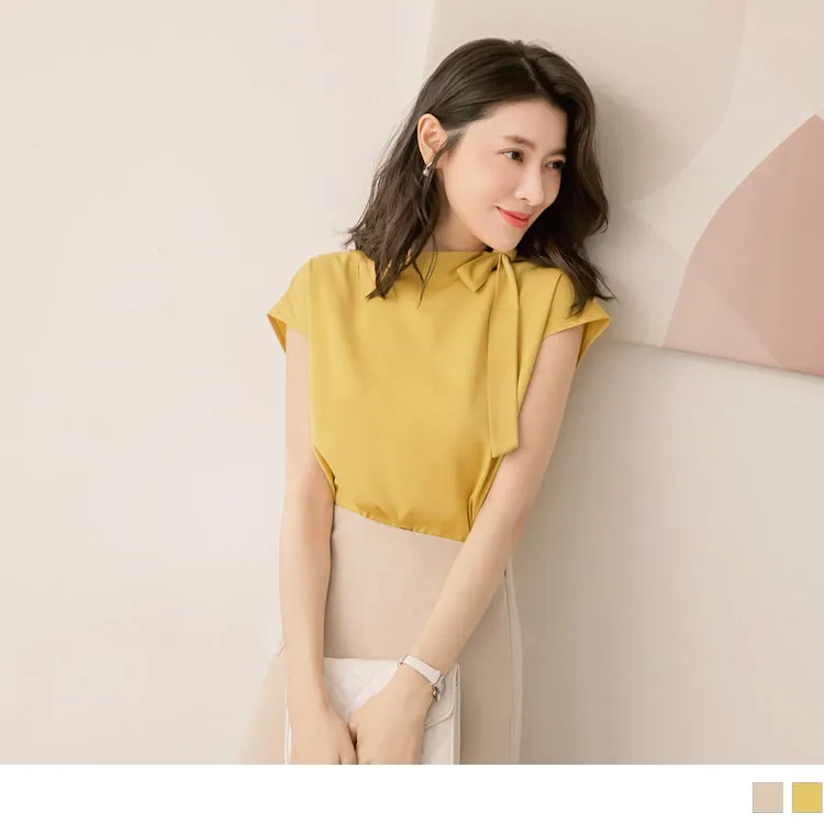 BAND COLLAR CHIFFON CAP SLEEVE H-LINE TOPS