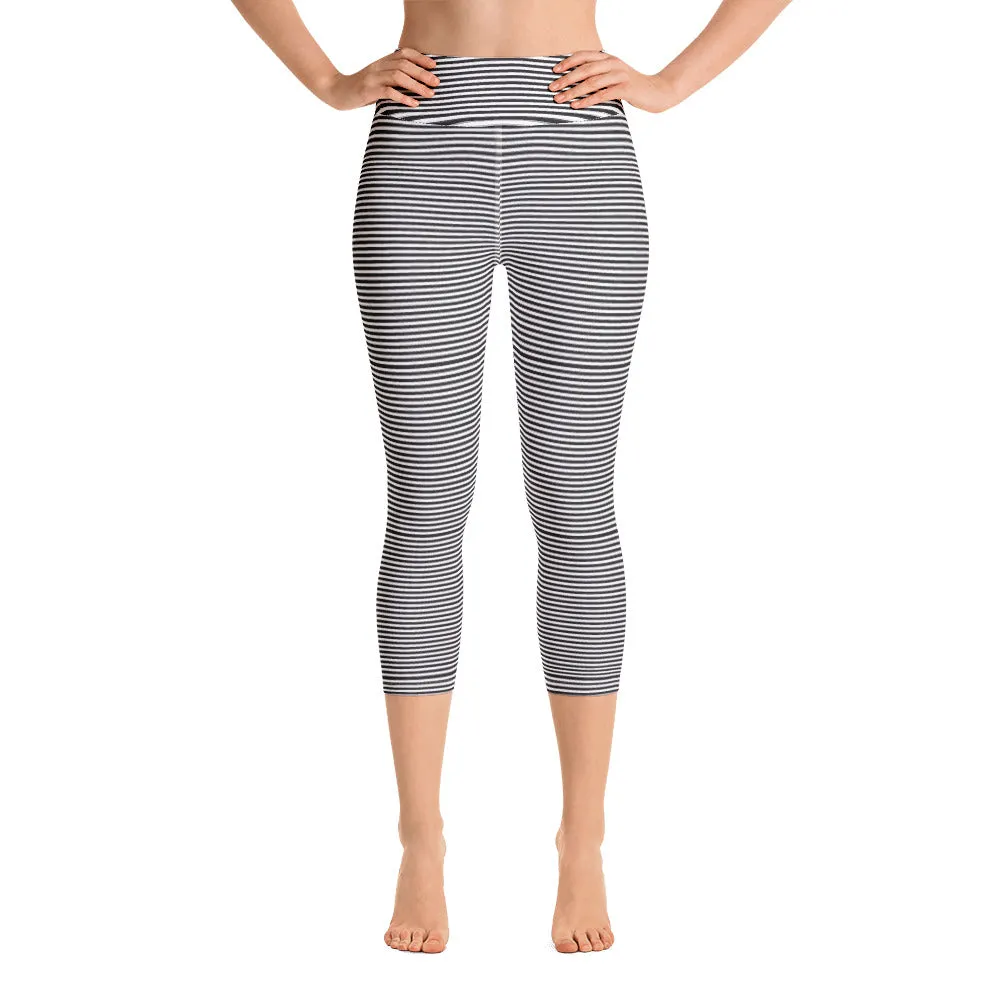 Black Striped Yoga Capri Leggings, Circus Women's Sports Athletic Tights-Made in USA/EU/MX