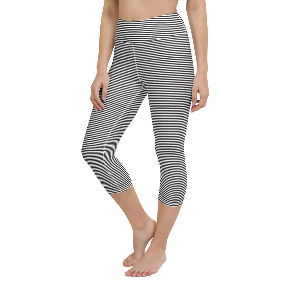 Black Striped Yoga Capri Leggings, Circus Women's Sports Athletic Tights-Made in USA/EU/MX