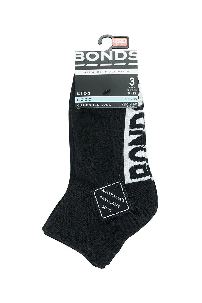 Bonds Kids Stamp Logo Quarter Crew Socks 3 Pack - Black