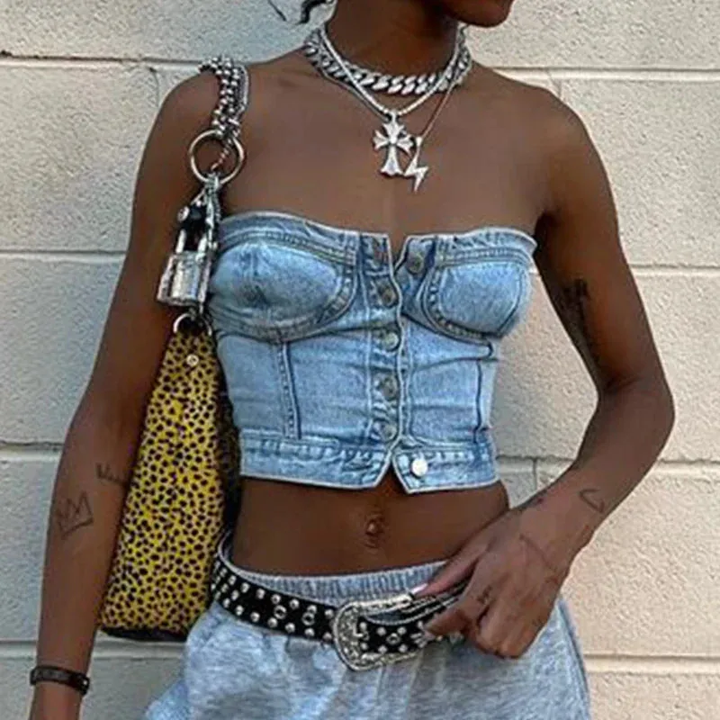 Button Down Denim Bustier Crop Top Strapless Jeans Corset Backles Push Up Tank Women's Top