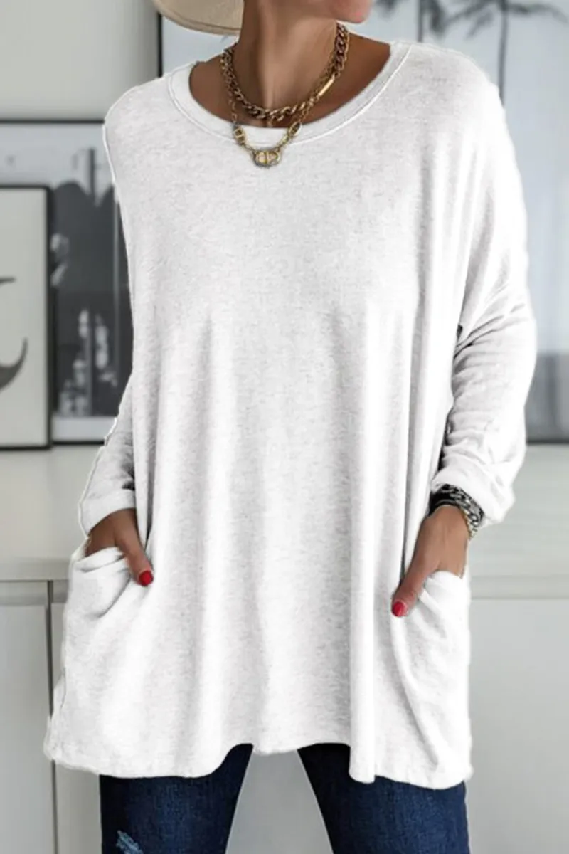 Casual Solid Patchwork Pocket O Neck Tops