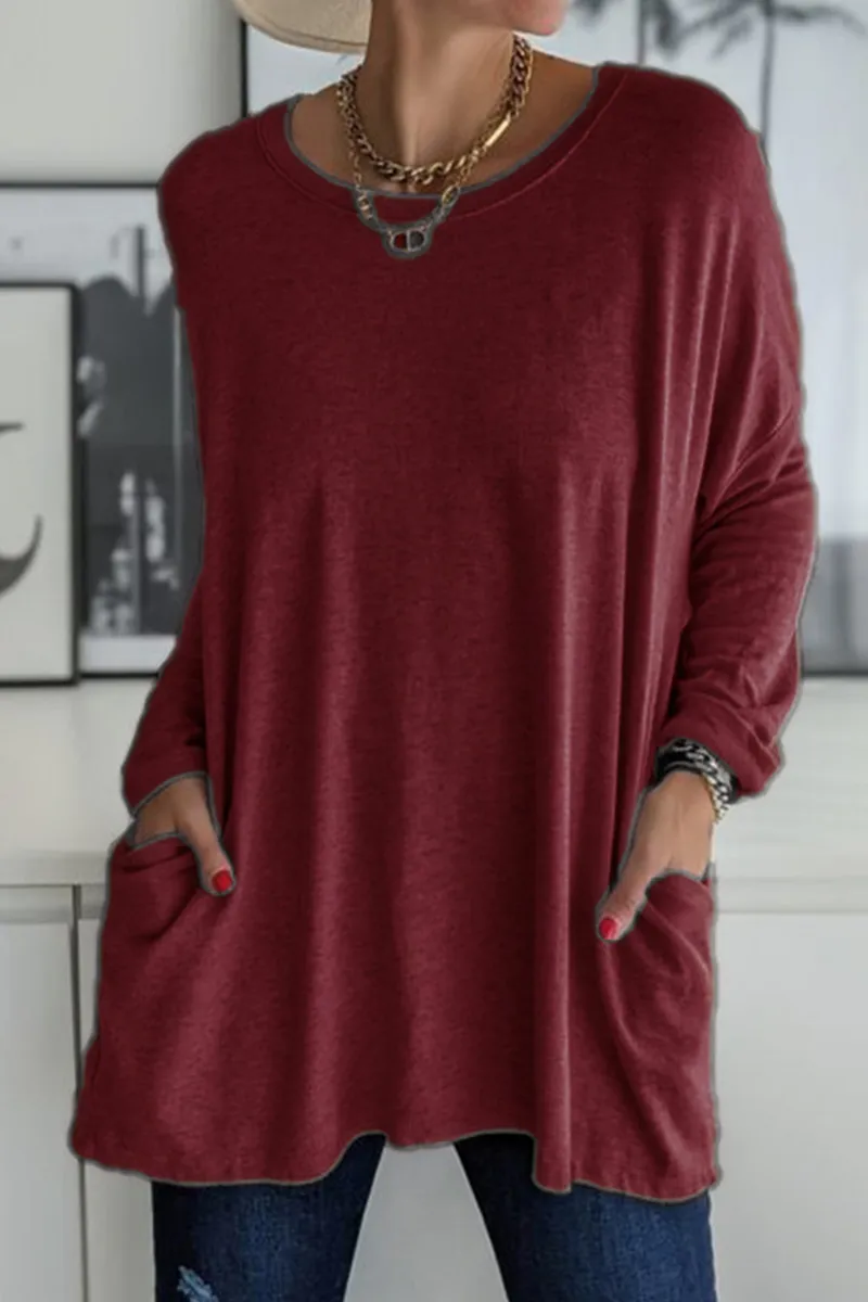 Casual Solid Patchwork Pocket O Neck Tops