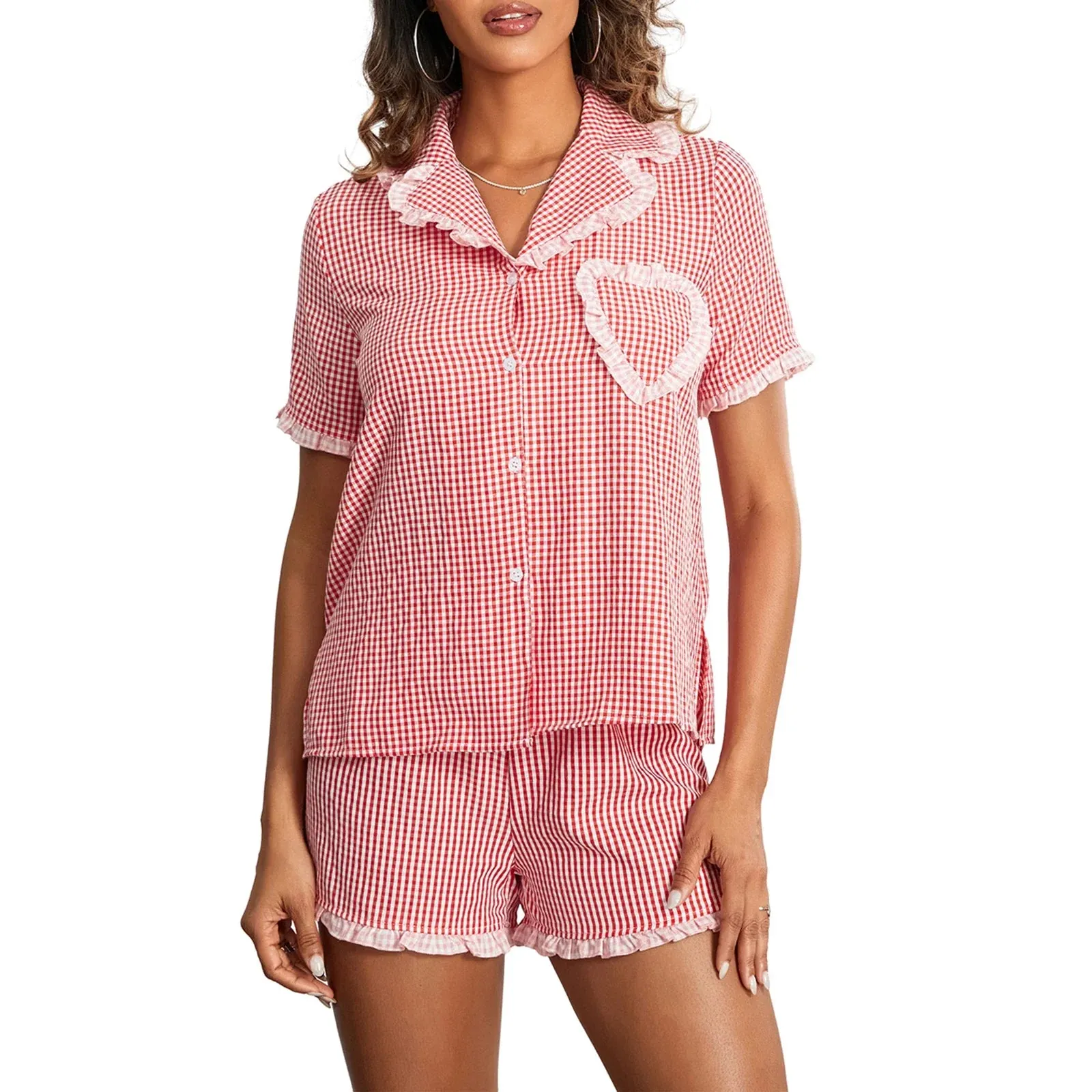 Checkered Striped Short Sleeve Button Down Lounge Matching Pjs Plaid Pajamas