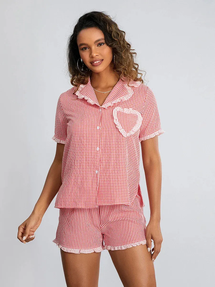 Checkered Striped Short Sleeve Button Down Lounge Matching Pjs Plaid Pajamas