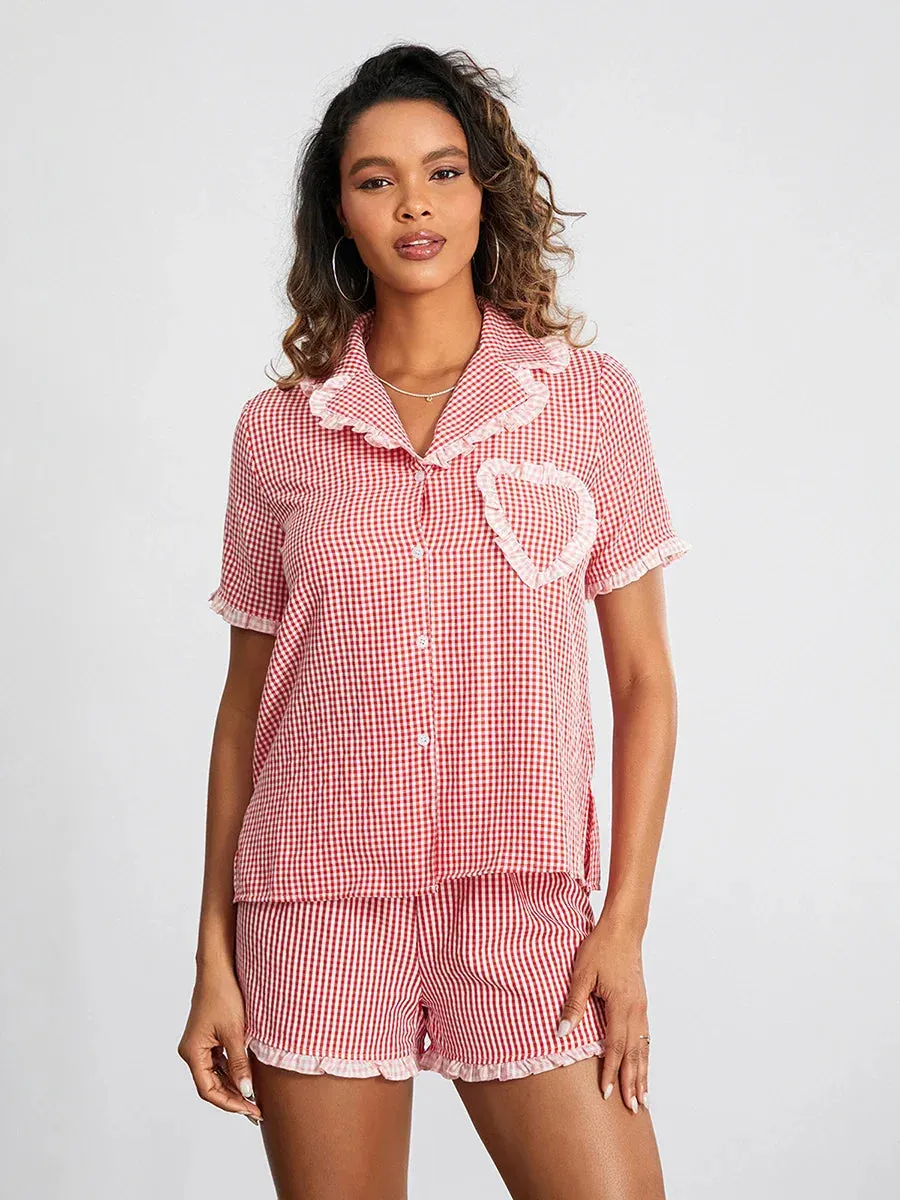 Checkered Striped Short Sleeve Button Down Lounge Matching Pjs Plaid Pajamas