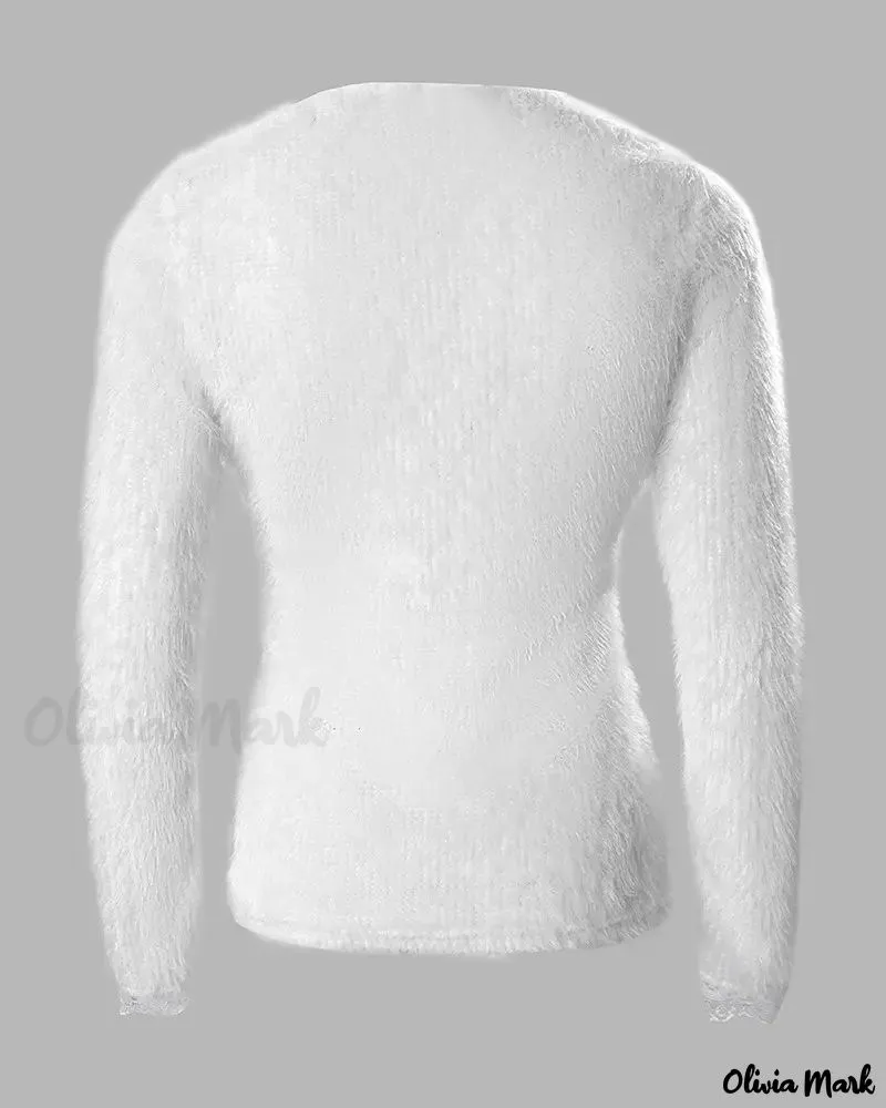 Deanwangkt - Contrast Lace Front Zipper Long Sleeve Fluffy Top