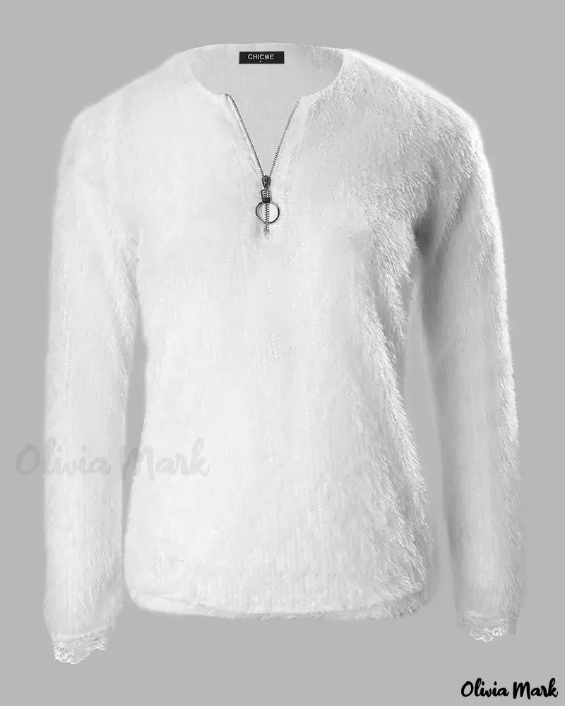 Deanwangkt - Contrast Lace Front Zipper Long Sleeve Fluffy Top