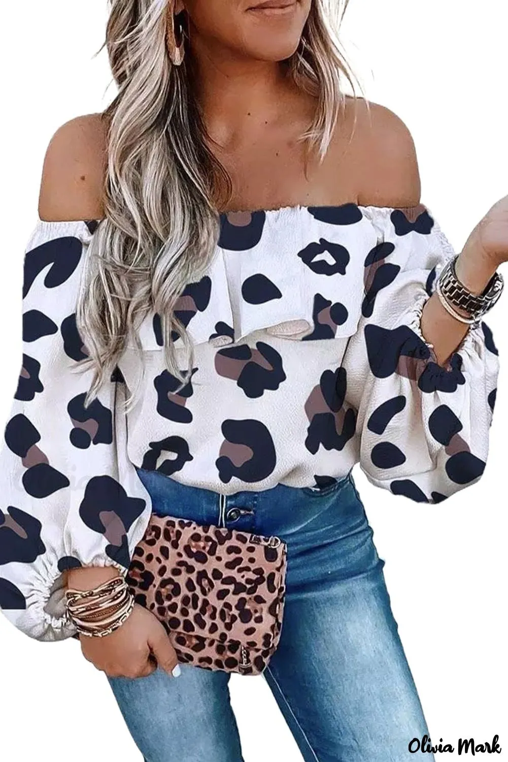 Deanwangkt - Leopard Long Sleeve Off Shoulder Blouse