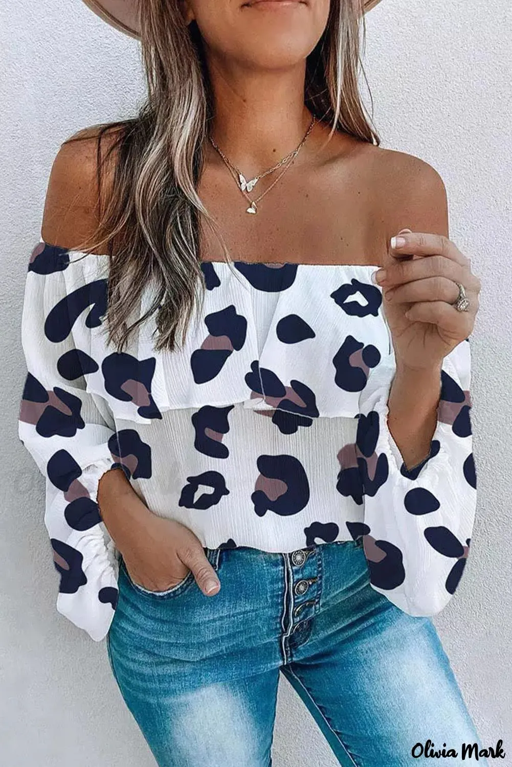 Deanwangkt - Leopard Long Sleeve Off Shoulder Blouse