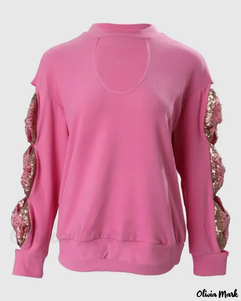 Deanwangkt - Ribbed Long Sleeve Top with Contrast Sequin Bow Decor