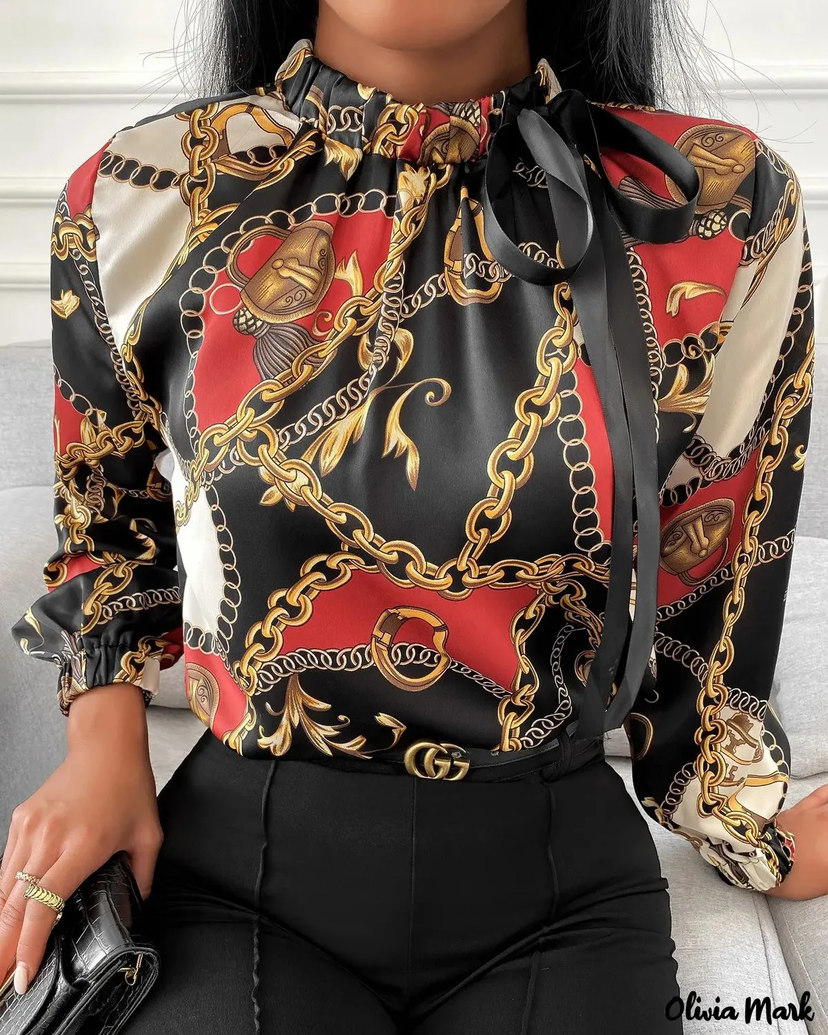 Deanwangkt - Tie Neck Scarf Print Long Sleeve Blouse