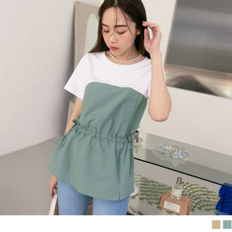 ELASTIC WAIST ROUND NECK SHORT SLEEVE A-LINE TOPS