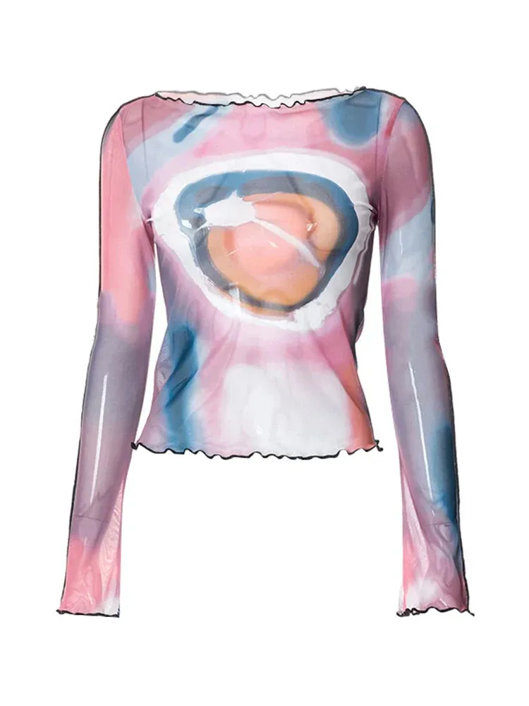 Fairycore Tie Dye Print Mesh Streetwear Short Sleeve Tee