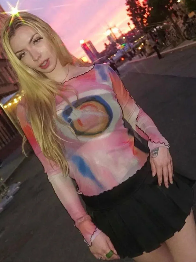 Fairycore Tie Dye Print Mesh Streetwear Short Sleeve Tee