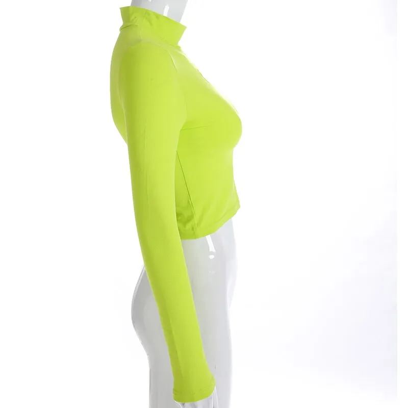 Fluorescence Green Sexy Crop Top Hollow Out Turtleneck Long Sleeve