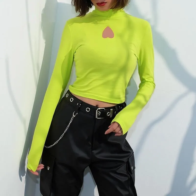 Fluorescence Green Sexy Crop Top Hollow Out Turtleneck Long Sleeve