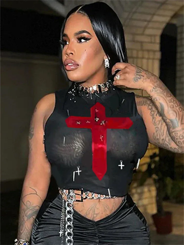 Gothic Sexy Metal Crosses Mesh See Through Crop Top