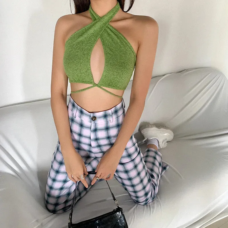 Green Bandage Halter Crop Top for Women - Sleeveless Backless Club Party Chic Wrap Slim Streetwear Tank