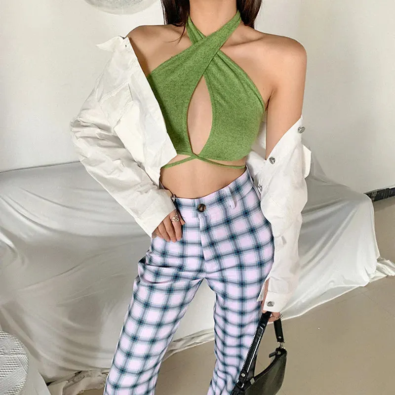 Green Bandage Halter Crop Top for Women - Sleeveless Backless Club Party Chic Wrap Slim Streetwear Tank