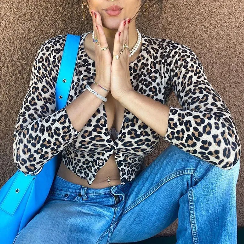 Leopard Print Sexy V Neck Rave Crop Top Shirt Long Sleeve