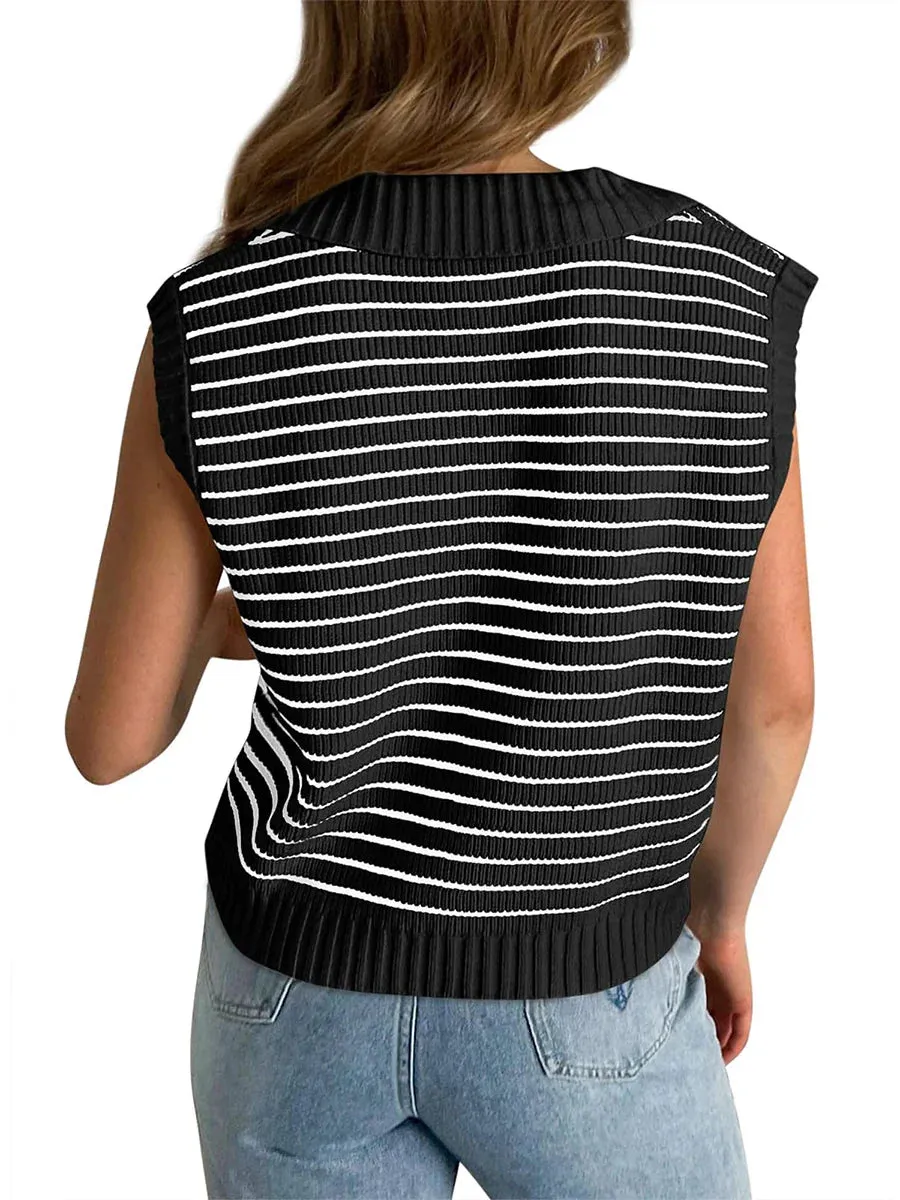 Loose Knit Tank Tops Stripe Print V-Neck Pullover Fashion Casual Vest Tank Women's Top