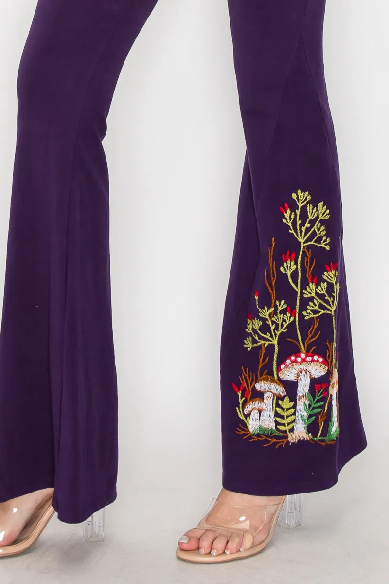 Mushroom Embroidery Bell Bottom Pants