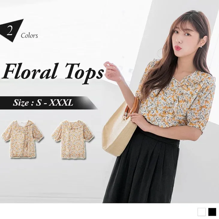 ORANGEBEAR SHORT SLEEVE FLORAL CHIFFON TOPS