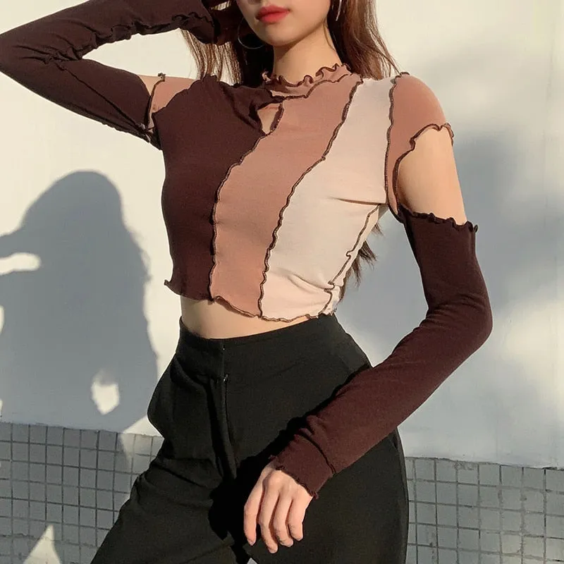 Patchwork Casual Cut Out Slim Sexy Crop Top Punk Long Sleeve