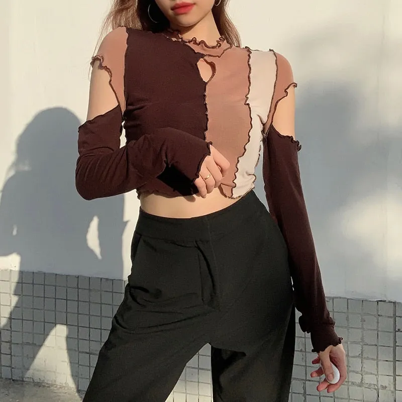 Patchwork Casual Cut Out Slim Sexy Crop Top Punk Long Sleeve