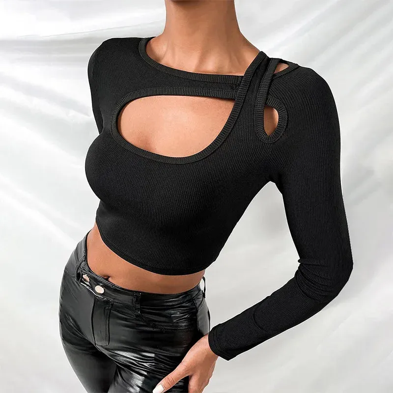 Sexy Knitted Black Long Sleeve Tee with Cut Out Detail