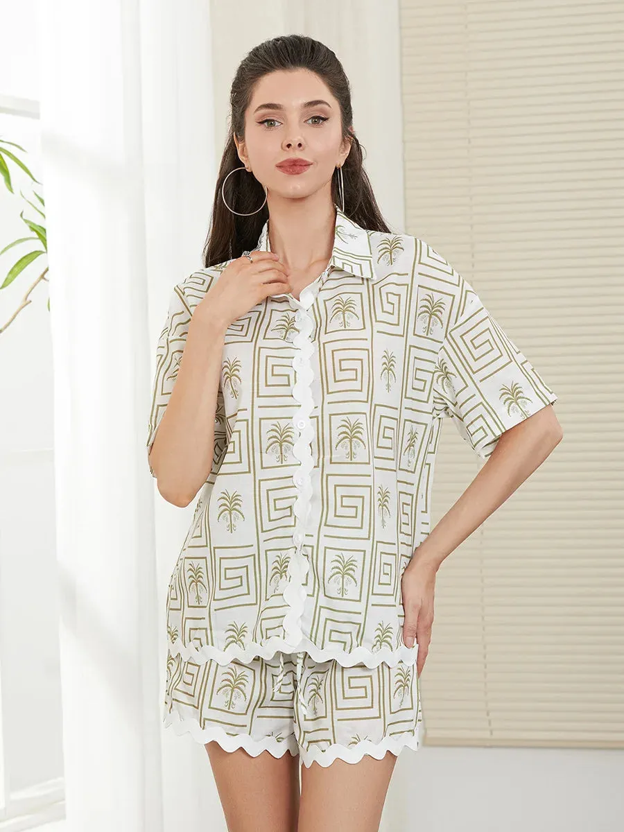 Short Sleeve Geometric Print Button Up Loose Shorts Loungewear Casual Pajamas