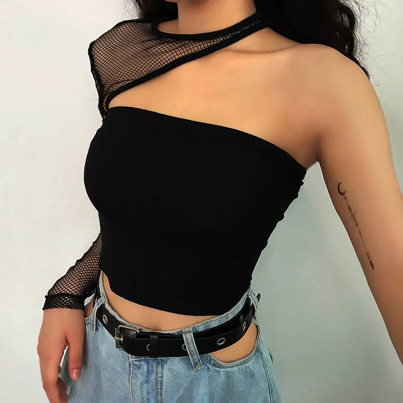 Skinny Sexy One Shoulder Patchwork Sleeve Fishnet Gothic Long Sleeve