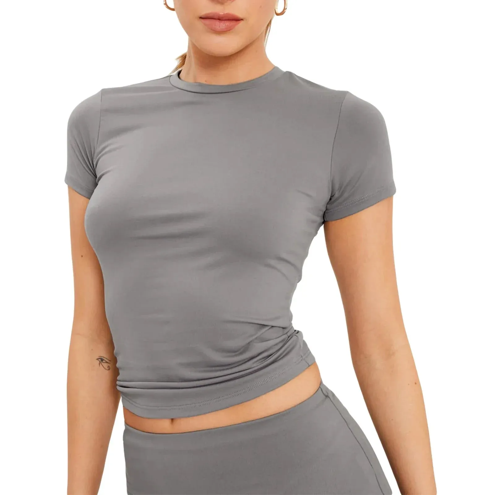 Sleeve Slim Fit Crop Top Summer Basic Tight-Fit Short T-shirt