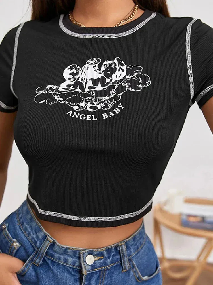 Slim Fit Wild Casual Crop Tops Short Sleeve Tee with Round Neck Contrast Stitch