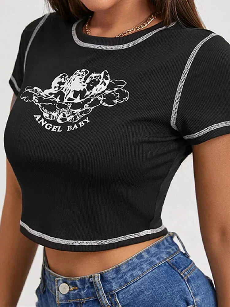 Slim Fit Wild Casual Crop Tops Short Sleeve Tee with Round Neck Contrast Stitch