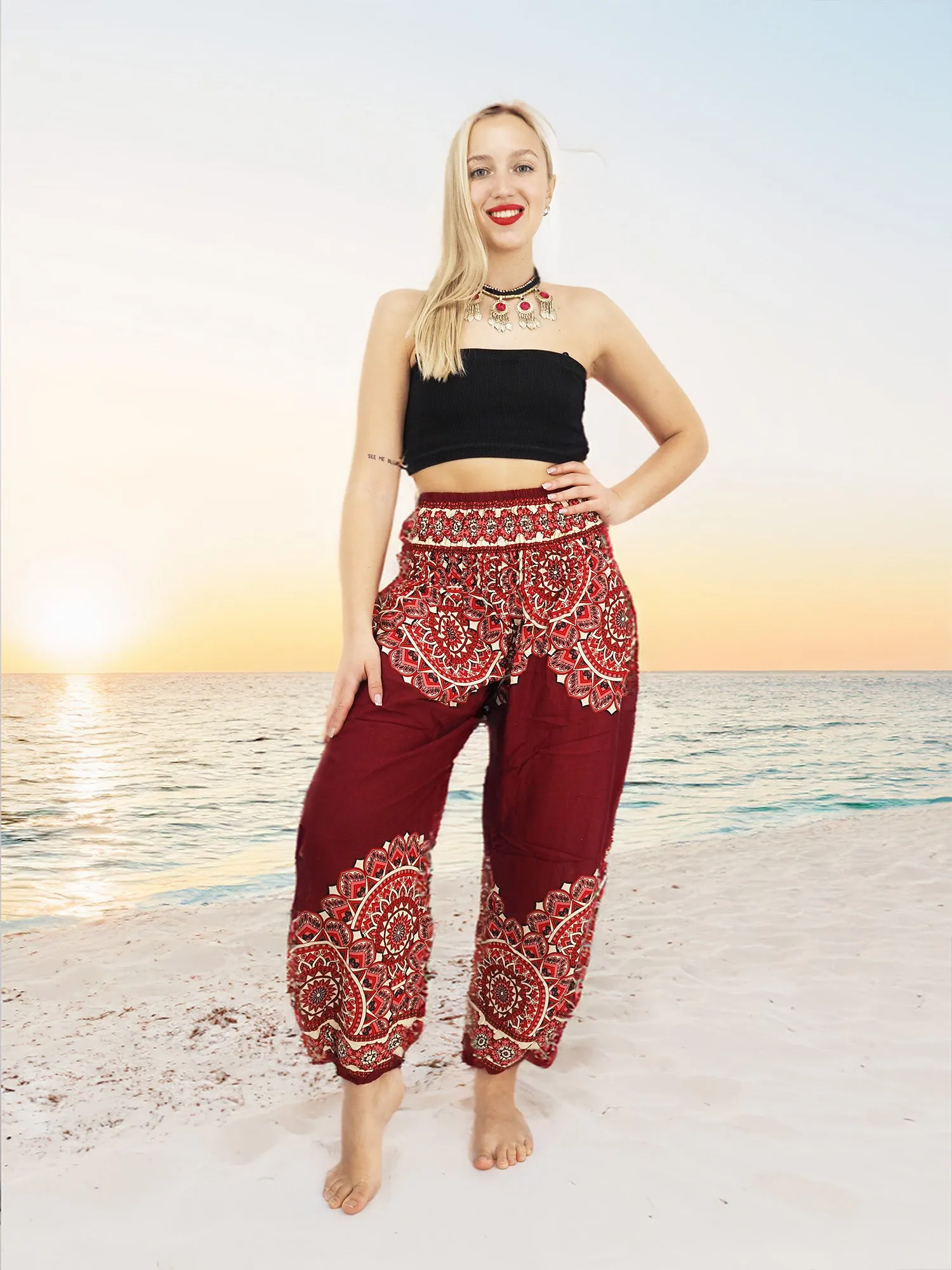 Unisex Harem Yoga Hippie Boho Pants in Dark Red With Mandala Print L-XL