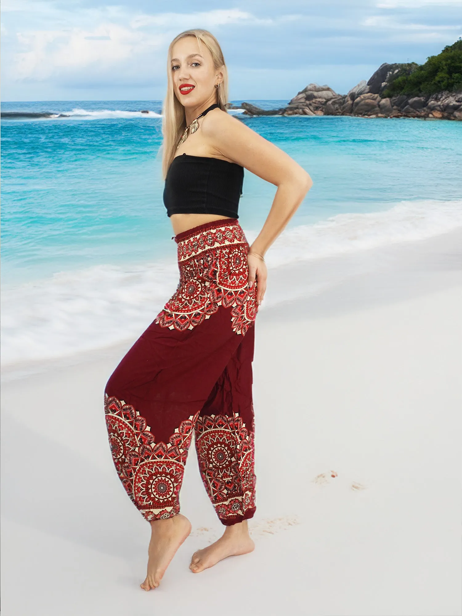 Unisex Harem Yoga Hippie Boho Pants in Dark Red With Mandala Print L-XL