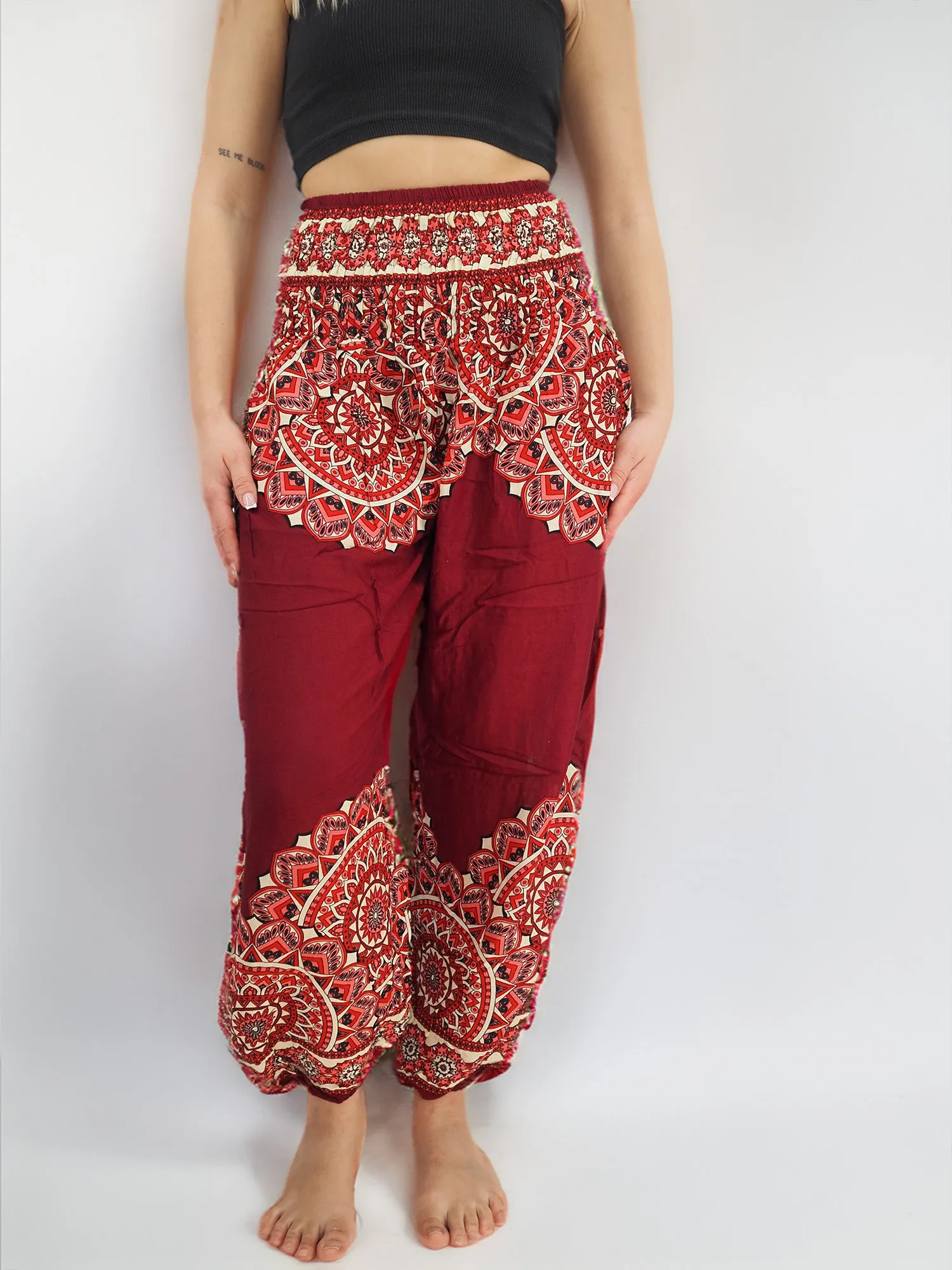 Unisex Harem Yoga Hippie Boho Pants in Dark Red With Mandala Print L-XL