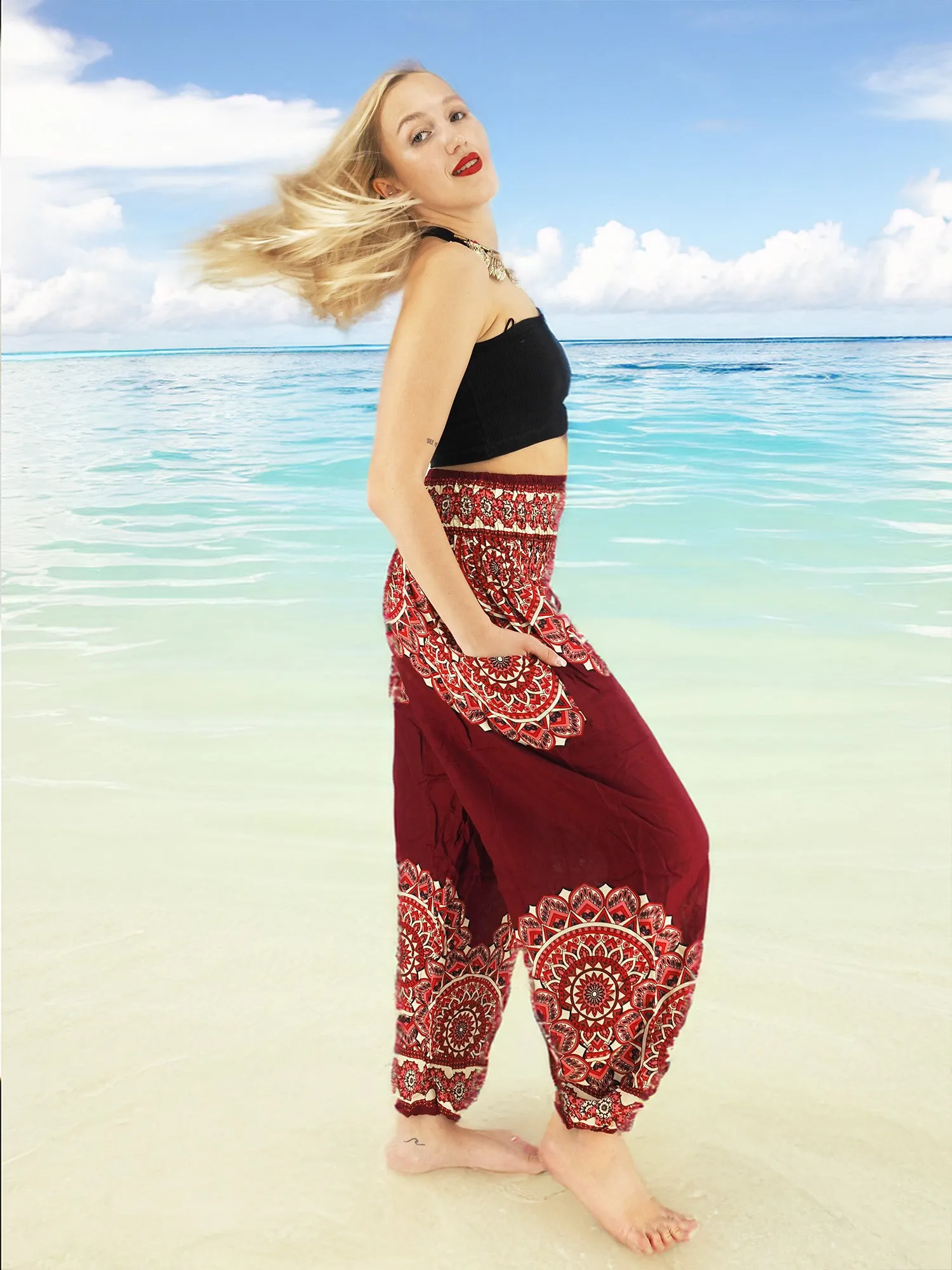 Unisex Harem Yoga Hippie Boho Pants in Dark Red With Mandala Print L-XL