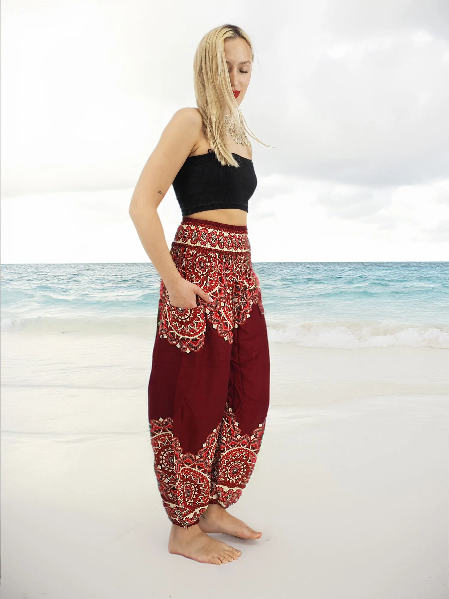 Unisex Harem Yoga Hippie Boho Pants in Dark Red With Mandala Print L-XL