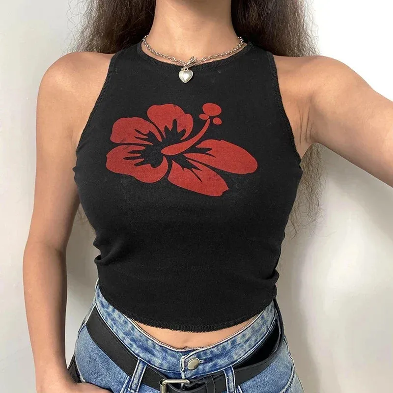 Vintage Floral Aesthetic Sleeveless O Neck Crop Tank Top