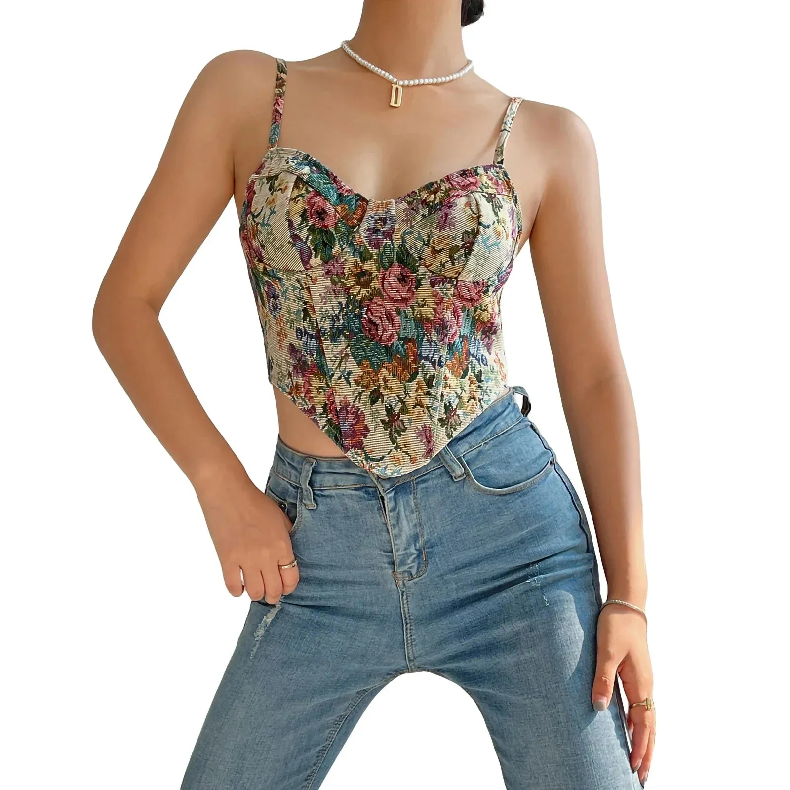 Vintage Floral Print Push Up Bustier Women V Neck Sleeveless Backless Hem Tank Y2k Top