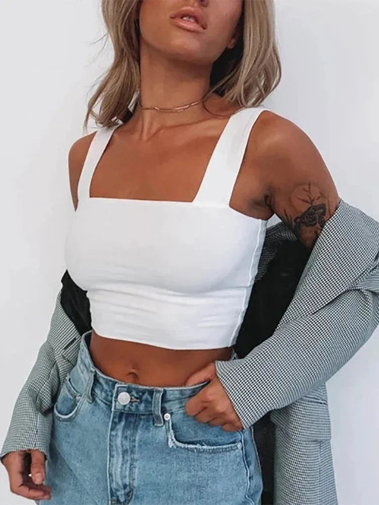 White Square Neck Sleeveless Crop Top Women Black Casual T Shirt Off Shoulder Cami Backless Tank Top