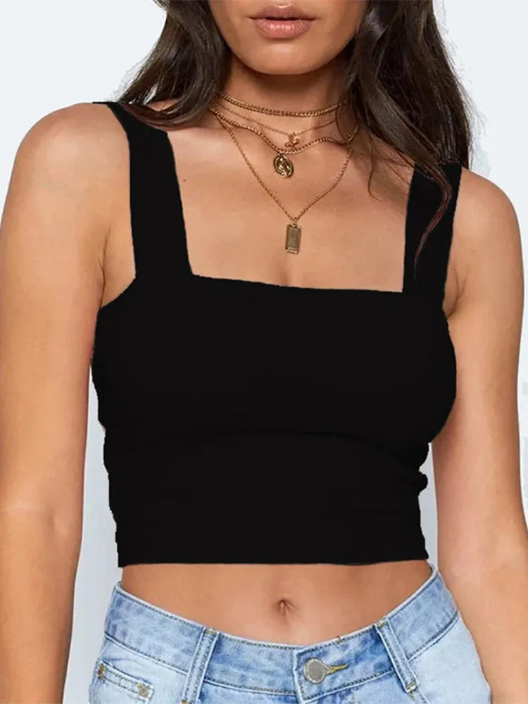 White Square Neck Sleeveless Crop Top Women Black Casual T Shirt Off Shoulder Cami Backless Tank Top