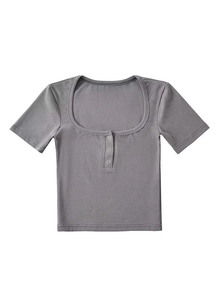 Women's Button Front Crop Short Sleeve Tee