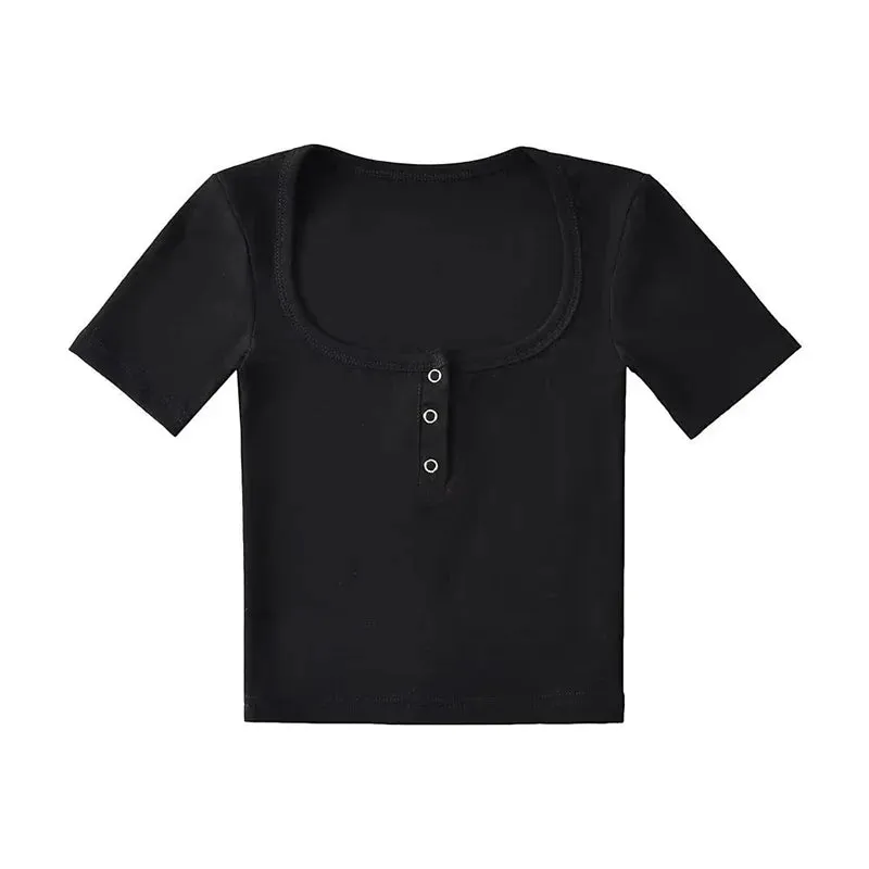 Women's Button Front Crop Short Sleeve Tee