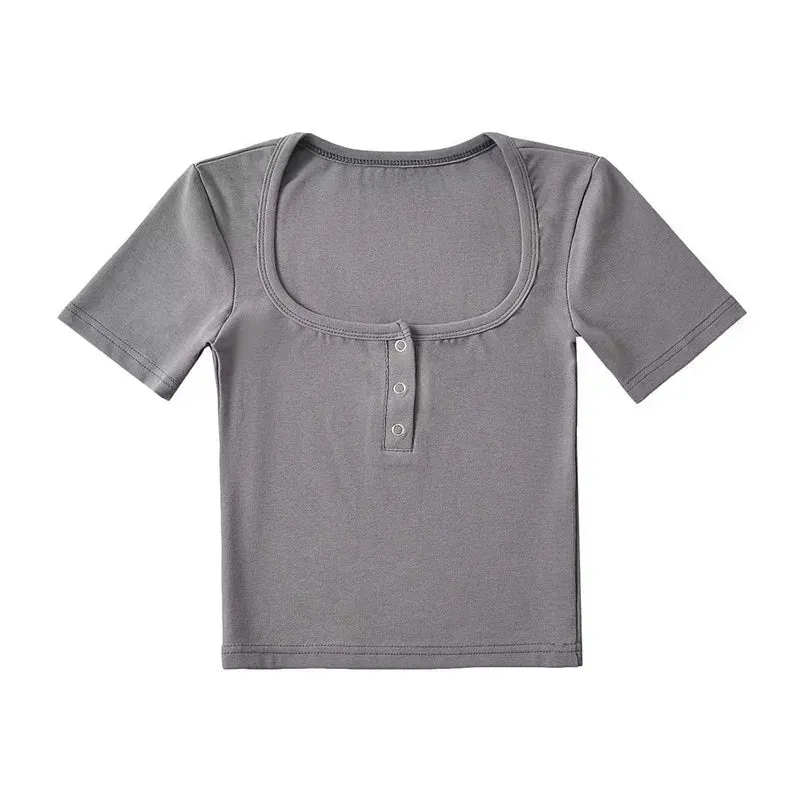 Women's Button Front Crop Short Sleeve Tee